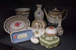 A selection of ceramics including Jasper ware and Wedgwood teapot