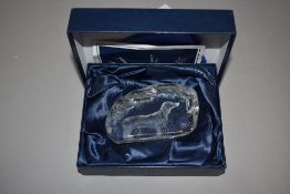 A modern art glass paper weight of a sausage dog by Dartington glass crystal