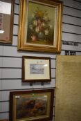 An original oil on board of a floral still life scene,signed Cooper sold with a print of Wateredge