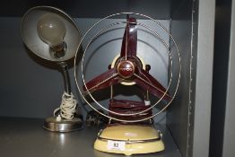 A mid century desk top Pifco fan and a goose neck table top lamp