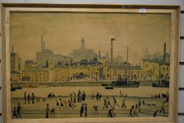 A mid century print on board after J S Lowry of a mill town scene