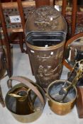 A selection of brass ware items including jug and jam pan