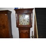 A long case clock having oak and mahogany case with painted clock face