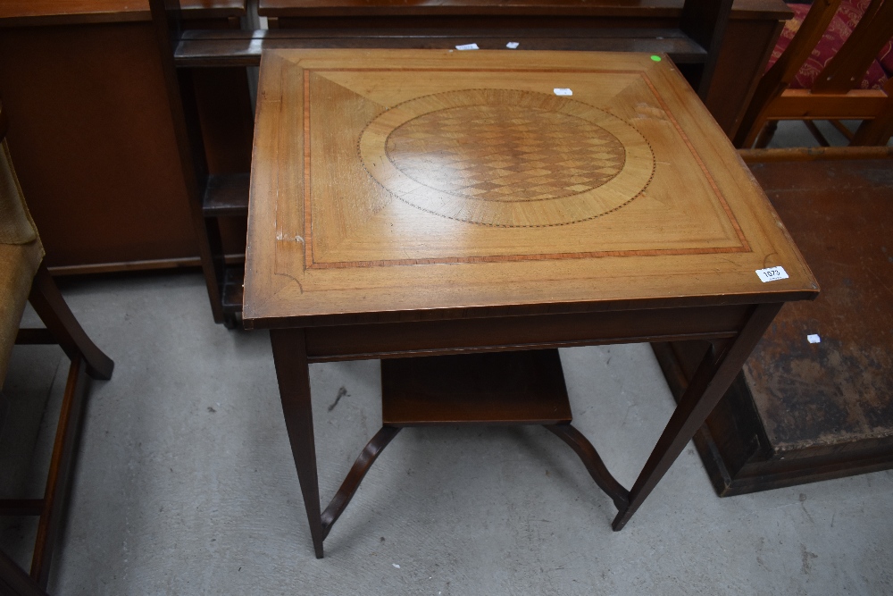 A vintage satin wood side or hallway table having veneer topped parquetry