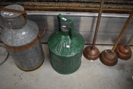 A vintage galvanised and green painted large oil or fuel can