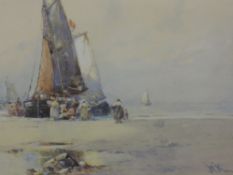 A watercolour, William Knox, sailing smacks on beach, signed, 27 x 35cm, plus frame and glazed