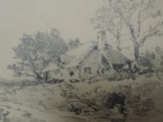 A pencil sketch, attributed to B W Leader, A Thatched Cottage in a Lane, 8 x 15cm, plus frame and