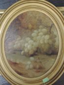 An oil painting on board, D Brownsworth, still life grapes, oval, signed and dated 1886, 30 x