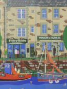 An acrylic painting, Chas Jacobs, Lancaster Quay, signed, 46 x 20cm, plus frame and glazed