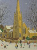 An oil painting, Chas Jacobs, St Peter's Cathedral Lancaster in winter, signed, 32 x 22cm, plus