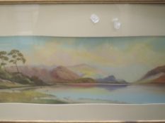 A gouache painting Roland Stead lakes landscape signed 28 x 70cm plus frame and glazed