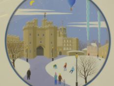 An acrylic painting, Chas Jacobs, Lancaster castle, circular, signed, 26cm dia, plus frame and
