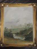 An oil painting, Peter M Drewett, river landscape, signed and dated 1983, 49 x 39cm, plus frame
