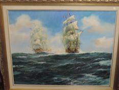 An oil painting, Paul Richardson, galleons at sea, signed, 70 x 90cm, plus frame