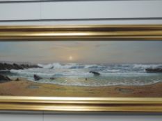 An oil painting, Peter Cosslett, Sunset on the Sands, signed and attributed verso, 29 x 90cm, plus