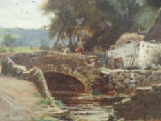 An oil painting, Reginald Aspinwall, cottagers at bridge, probably Lancaster area, signed and
