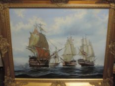 An oil painting, Richard Hewitt, The Broadside, galleons, signed, 60 x 75cm, plus frame