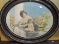 A pair of prints, Edwardian Mother and Child, 'floral selfie', oval, 39 x 40cm, plus frame and