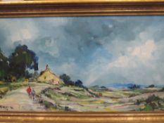 An oil painting, George R Deakins, cottagers on a lane, signed and dated (19)76, 34 x 64cm, plus