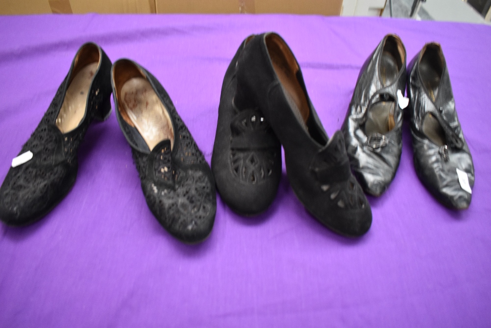 Two pairs of 1940s black shoes and a pair of 1920s/30s leather shoes with buckle detailing to