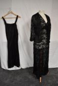 A 1930s black lace sheer evening dress having bias cut panelled skirt sold with unmatched but