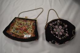 A 1930s extensively beaded French evening bag and a tapestry bag of similar age.