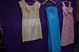 Three 1960s dresses to include blue strapless Frank usher dress and pink floral Blanes dress.