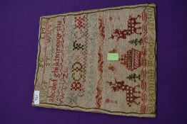 An antique undated Sampler, possibly late Georgian/Edwardian by Susannah Moody age 10.