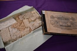 An Antique Haywards lace advertising box containing a selection of good sized sections of lace