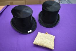 Two antique bowler hats, one labelled for Christys and a ladies evening bag having rhinestone