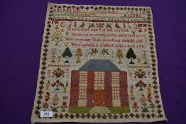 A Victorian sampler dated 1860, By Emma Wrigglesworth, aged 12 with a variety of pictures