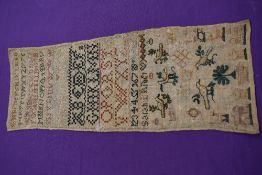 A large Georgian sampler dated 1776 by Sarah Rider having birds, numbers and alphabet depicted.