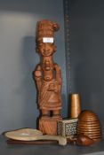 A South American carved wooden figure, a Sadeli mosaic box, treen honey pot etc.