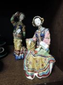 Two Chinese sancai glazed pottery figures, young girls in traditional attire, impressed seal mark to