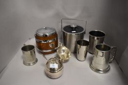 A 1930's oak and silver plate biscuit barrel, sold along with a selection of silver plated items,