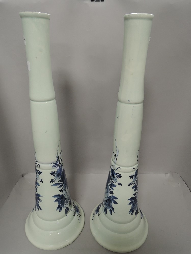 A pair of late 19th century Dutch delft trumpet form vases tin glazed bearing signature to base - Image 2 of 3