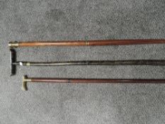 A group of three modern walking sticks, one with compass handle.