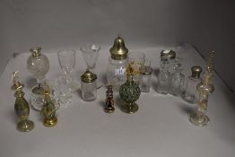 A selection of mixed glass wares, to include silver mounted scent bottle and silver mounted caster.