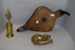 A pair of vintage bellows, brass hearth brush and horse shoe form brass trivet.