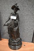 A late 19th century cast spelter figurine of a lady in traditional dress,hat and shawl by fence