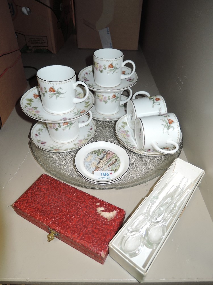A small selection of Wedgwood Mirabelle pattern teawares, two Wedgwood pin dishes, moulded glass