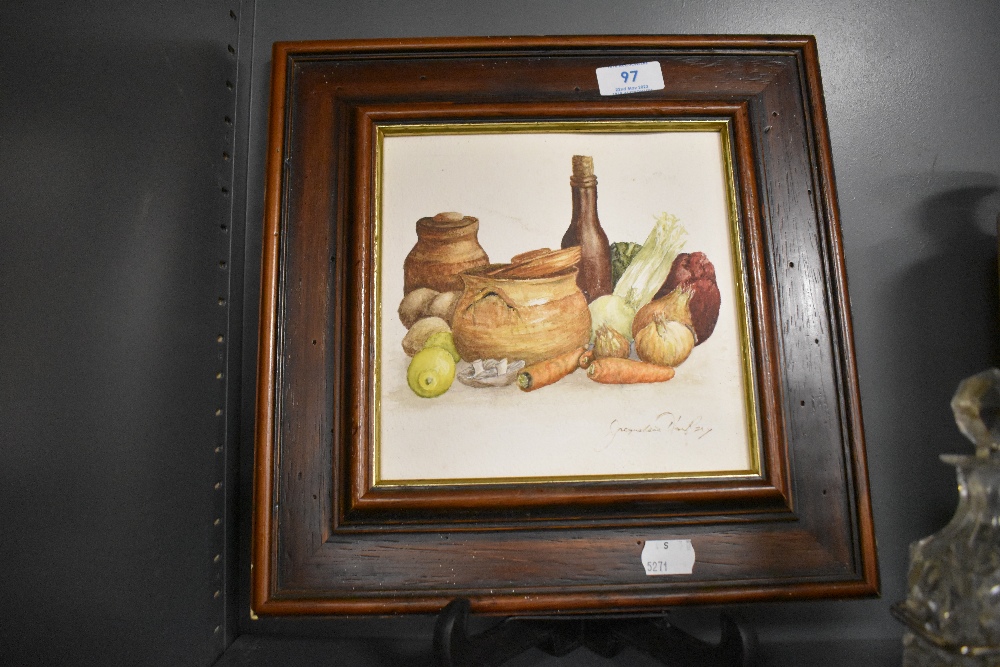 Jacqueline Harker (British Contemporary) watercolours, still life study of vegetables, signed
