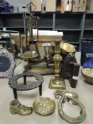 A selection of hardware including copper pot, companion set, scale set and trivet