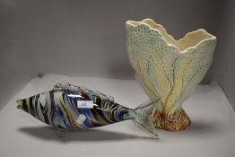 An early 20th century mottled glass fish, sold along with a Sylvac coral form vase.