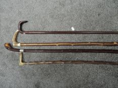 Four walking sticks or canes including horn handled and one having HM silver band