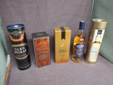 Five bottles of Single Malt and Pure Malt Whisky, Cardhu 12 Year Old in card box, Jura 10 Year Old