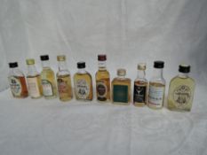 Ten Single Malt Whisky Miniatures, Glen Grant 12 year old 40% vol 70 proof, Glendullan 12 year old