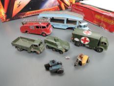 Seven Dinky playworn diecasts, AA Motocycle and Side Car, Police Motocycle and Side Car, Car