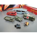 Seven Dinky playworn diecasts, AA Motocycle and Side Car, Police Motocycle and Side Car, Car