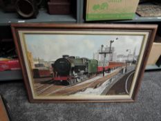 A framed modern Oil on Canvas, R Mooney, 46109 BR Loco and carriages leaving station 90cm x 65cm